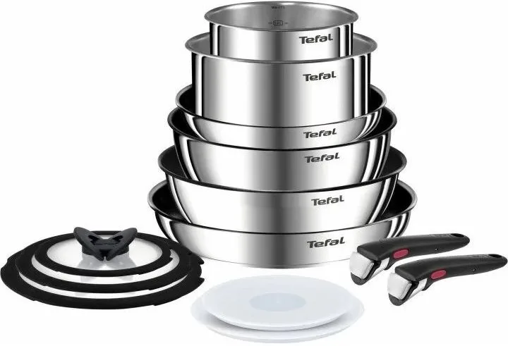 Комплект кухонного посуду Tefal Ingenio Emotion, 13 предметів, з нержавіючої сталі, скла, пластику та бакеліту, сріблястого кольор