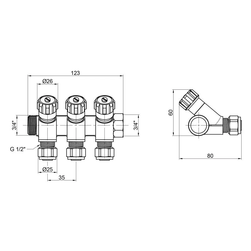 Колектор розподільний 3 виходи 3/4" латунний SD230W3 123х80х60 мм нікельований