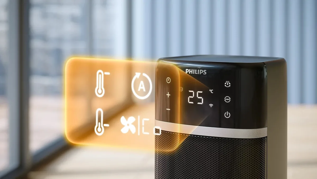 Тепловий вентилятор Philips 5000 Серії, для площі до 20 м2, потужність 2000 Вт, електронне управління, розміри 58 x 19.6 x 21.2 см