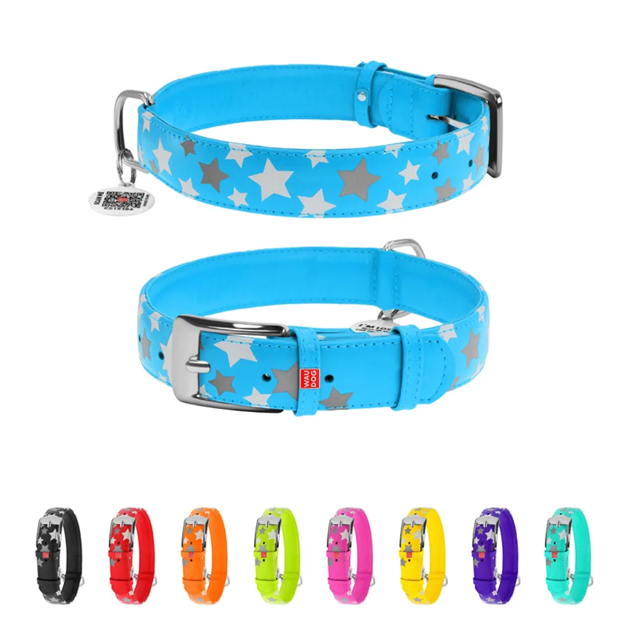 Нашийник WAUDOG Glamour шкіряний світловідбивний Зірочка XL 35 мм 46-60 см блакитний