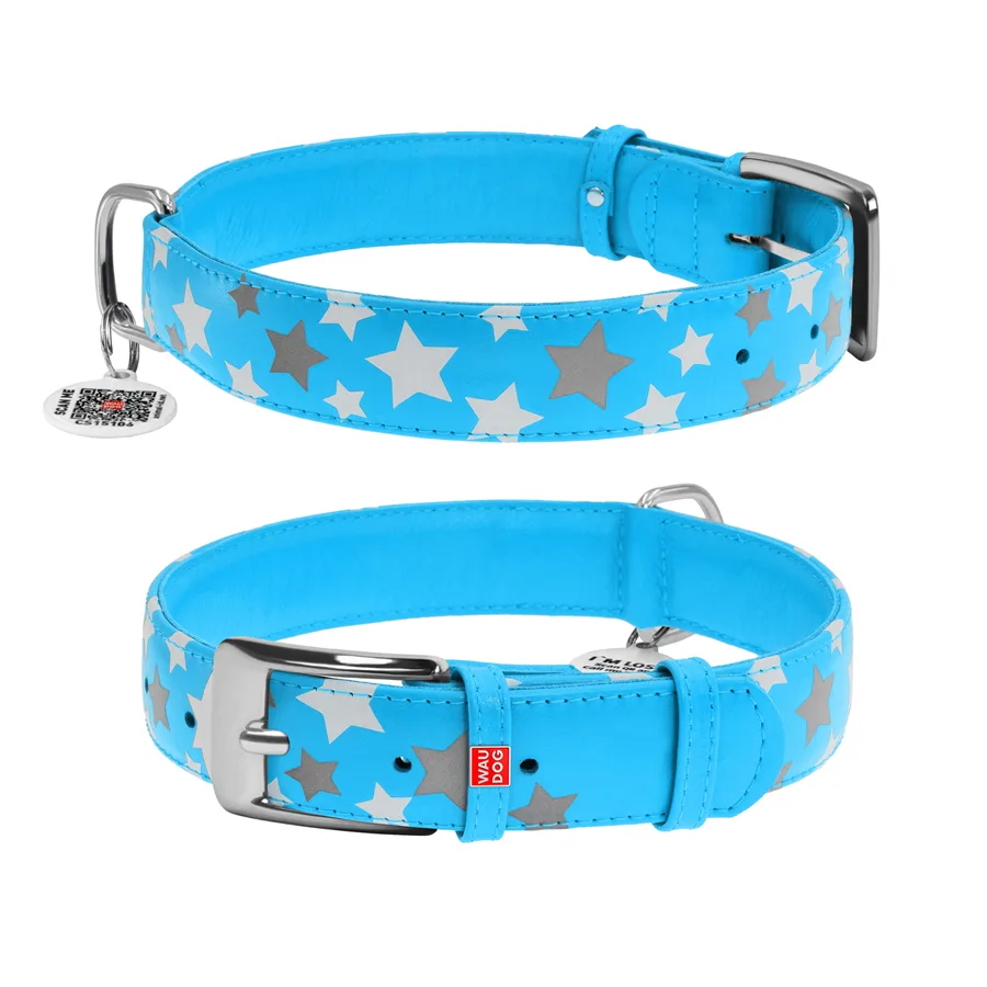 Нашийник WAUDOG Glamour шкіряний світловідбивний Зірочка XL 35 мм 46-60 см блакитний