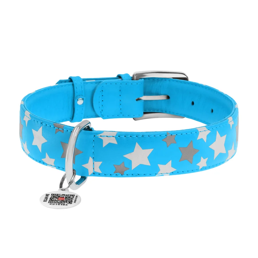 Нашийник WAUDOG Glamour шкіряний світловідбивний Зірочка XL 35 мм 46-60 см блакитний