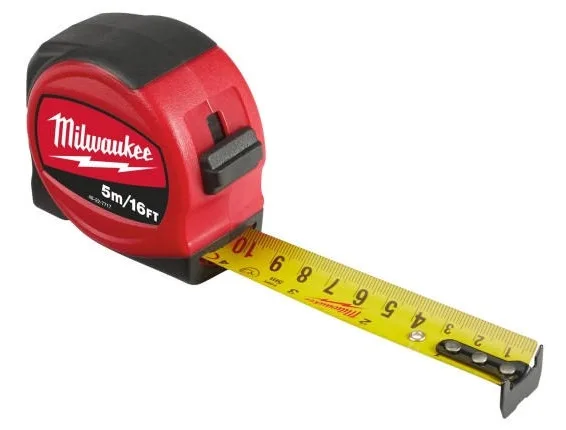 Рулетка Milwaukee Slimline S5-16/25, 5м х 25мм, з механізмом фіксації, виготовлена з АБС-пластика.