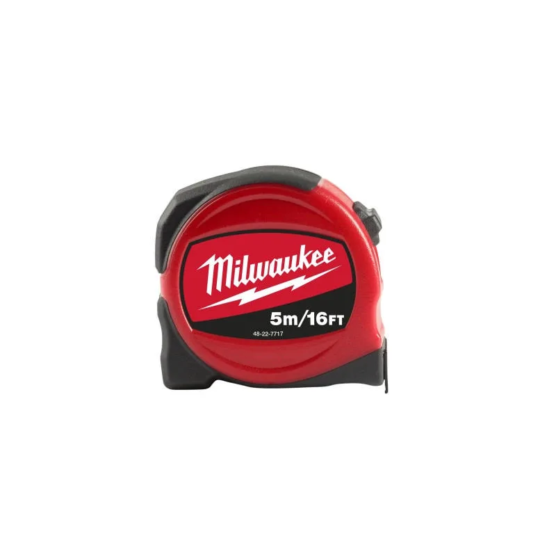 Рулетка Milwaukee Slimline S5-16/25, 5м х 25мм, з механізмом фіксації, виготовлена з АБС-пластика.