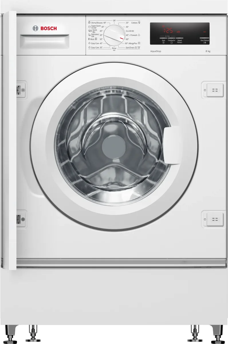 Вбудована фронтальна пральна машина Bosch, 8 кг, 1200 об/хв, клас енергоспоживання C, 55 см, з дисплеєм, біла.