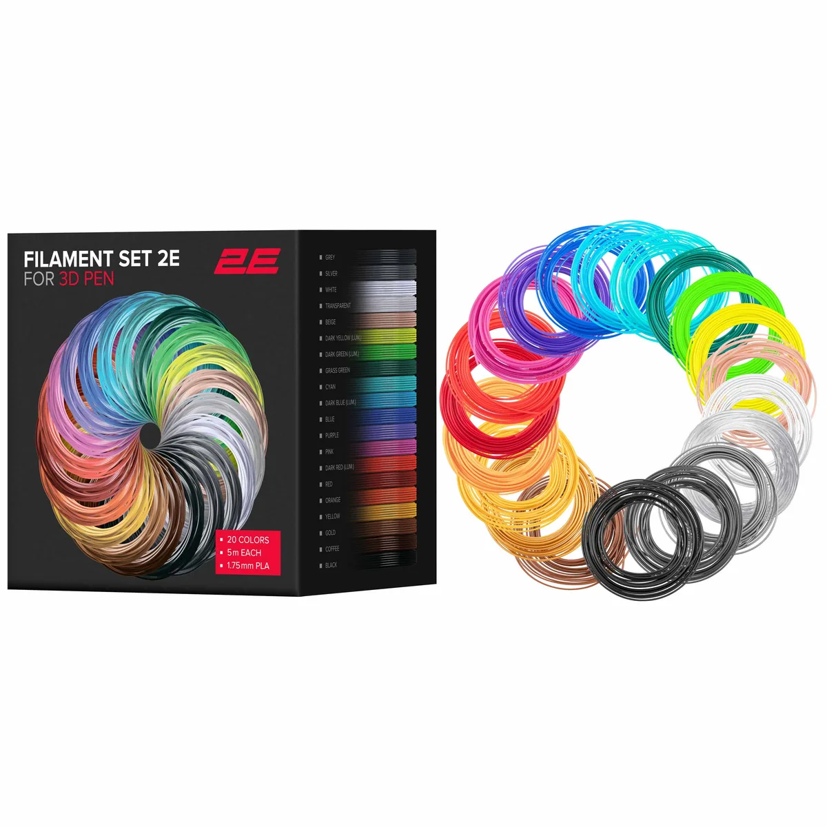 Картридж 2E для 3D ручки PLA, 1,75 мм, 20 шт, микс 5 м