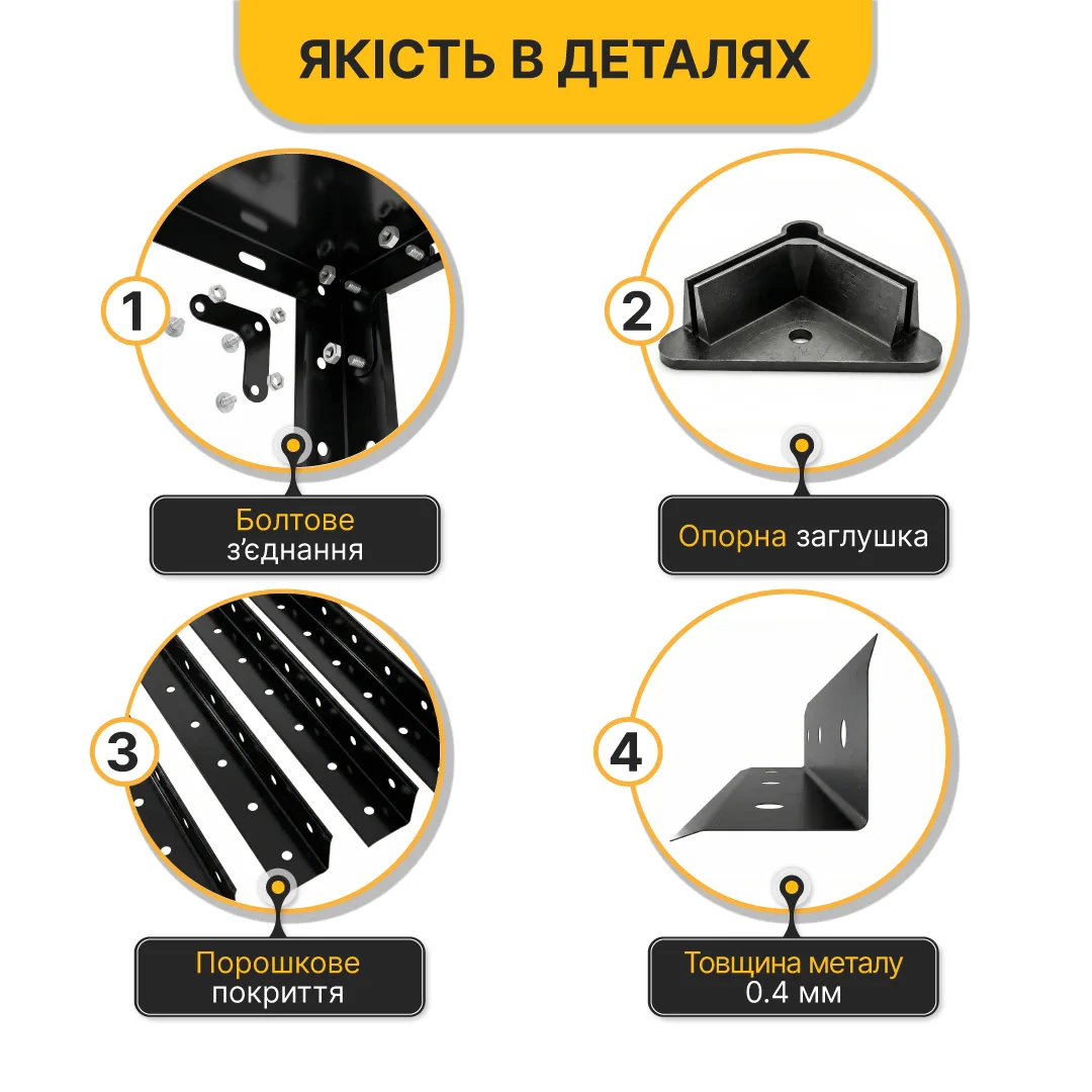 Стелаж LEOBRO металевий 150х75х30 см чорний 4 полиці 35 кг на полицю.