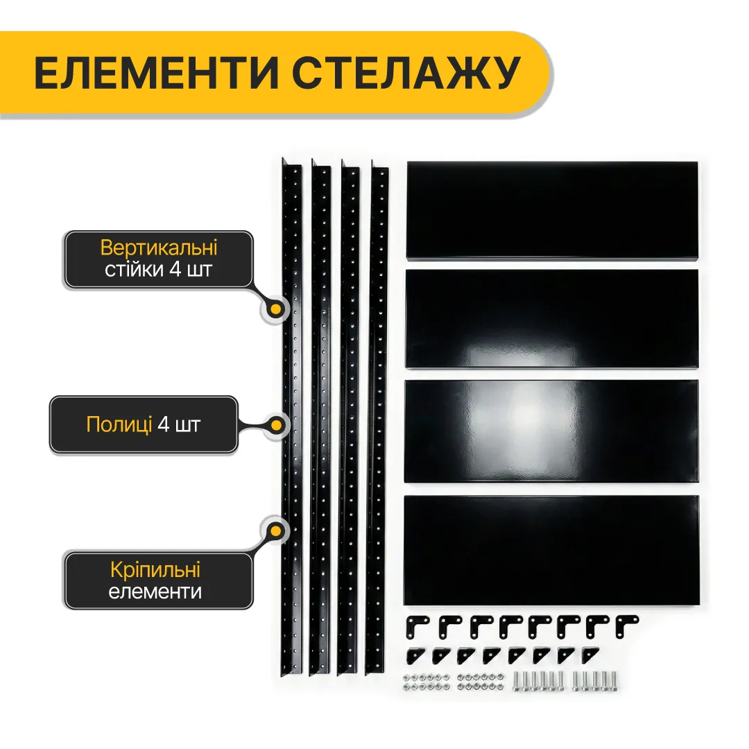 Стелаж LEOBRO металевий 150х75х30 см чорний 4 полиці 35 кг на полицю.