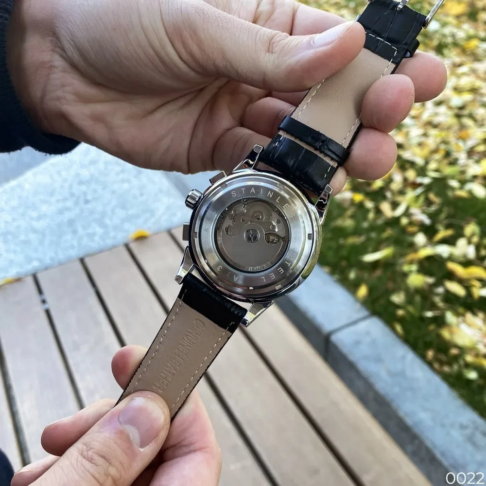 Forsining Часы нержавеющая сталь 46 мм чёрные кожаный ремешок серебристые