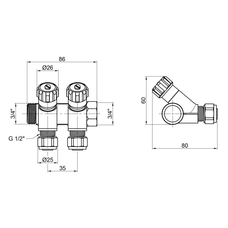 Колектор розподільний 3/4" 2 виходи латунний SD230W2 86х80х60 мм нікельований
