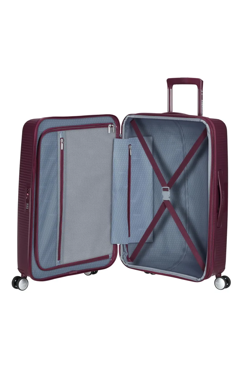 Чемодан American Tourister, Soundbox, полипропилен, средний, 67 см, 71.5/81 л, TSA, 4 колеса, EXP, бордового цвета.