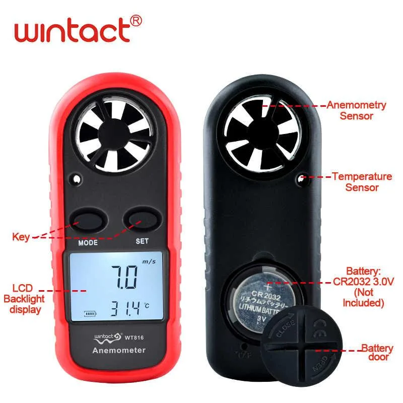 Анемометр цифровий WINTACT WT816 0,1-30 м/с пило- та вологозахищений 105х40х15 мм чорний