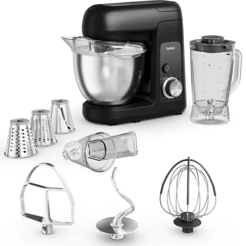 Кухонний комбайн Tefal Bake Partner 1100Вт, металевий контейнер, пластиковий корпус, 6 насадок, чорний.