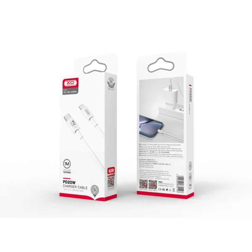Кабель USB Type-C to Lightning 1м XO силіконовий білий 20W