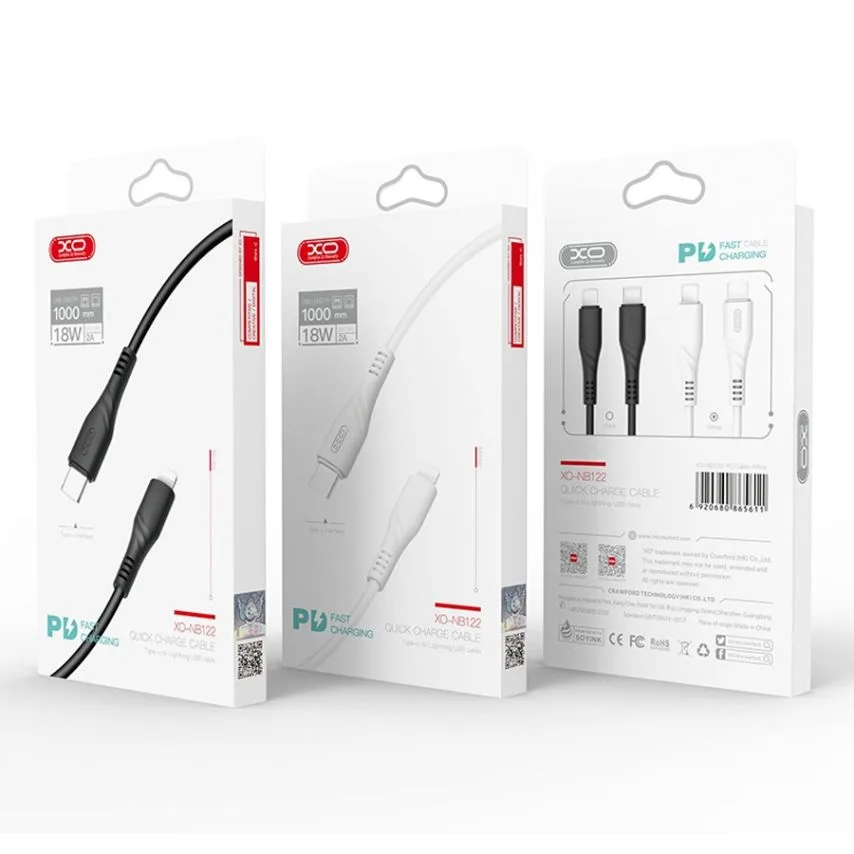 Кабель USB Type-C to Lightning XO 1м силіконовий чорний 2A Quick Charge Power Delivery