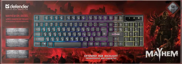 Клавіатура Defender дротова мембранна 104 клавіші RGB підсвічування чорна 1,5 м