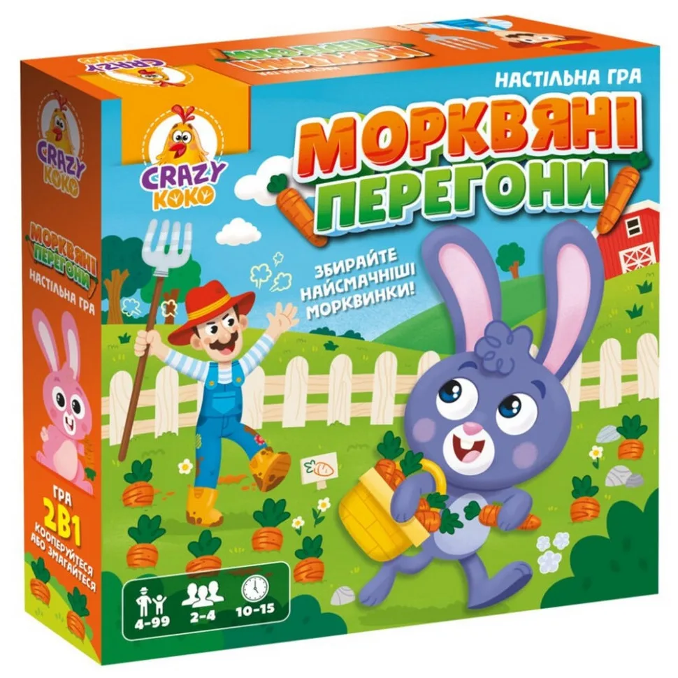 Настільна гра Vladi Toys ігрове поле 40 морквин 4 зайчики 1 фермер 1 хатинка 8 карток завдань