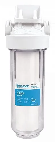 Фільтр для води Ecosoft 10", прозора колба, підключення 1/2, з картриджем з поліпропілену.