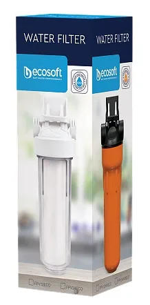 Фільтр для води Ecosoft 10", прозора колба, підключення 1/2, з картриджем з поліпропілену.