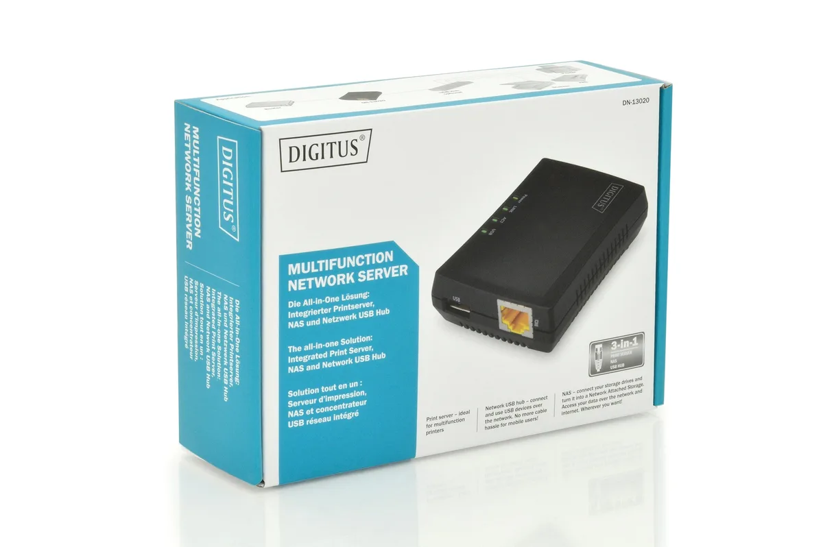 Принт-сервер DIGITUS Fast Ethernet, NAS, 1xRJ45, 1xUSB A 2.0
