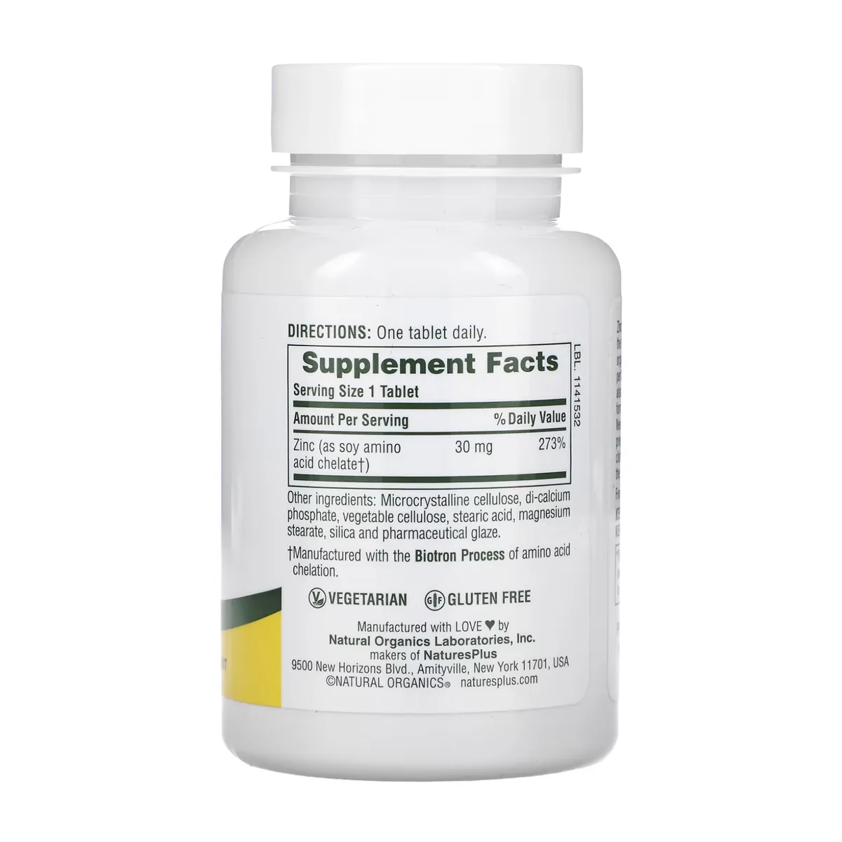 Цинк 30 мг Nature's Plus вегетаріанські таблетки 90 шт без глютену