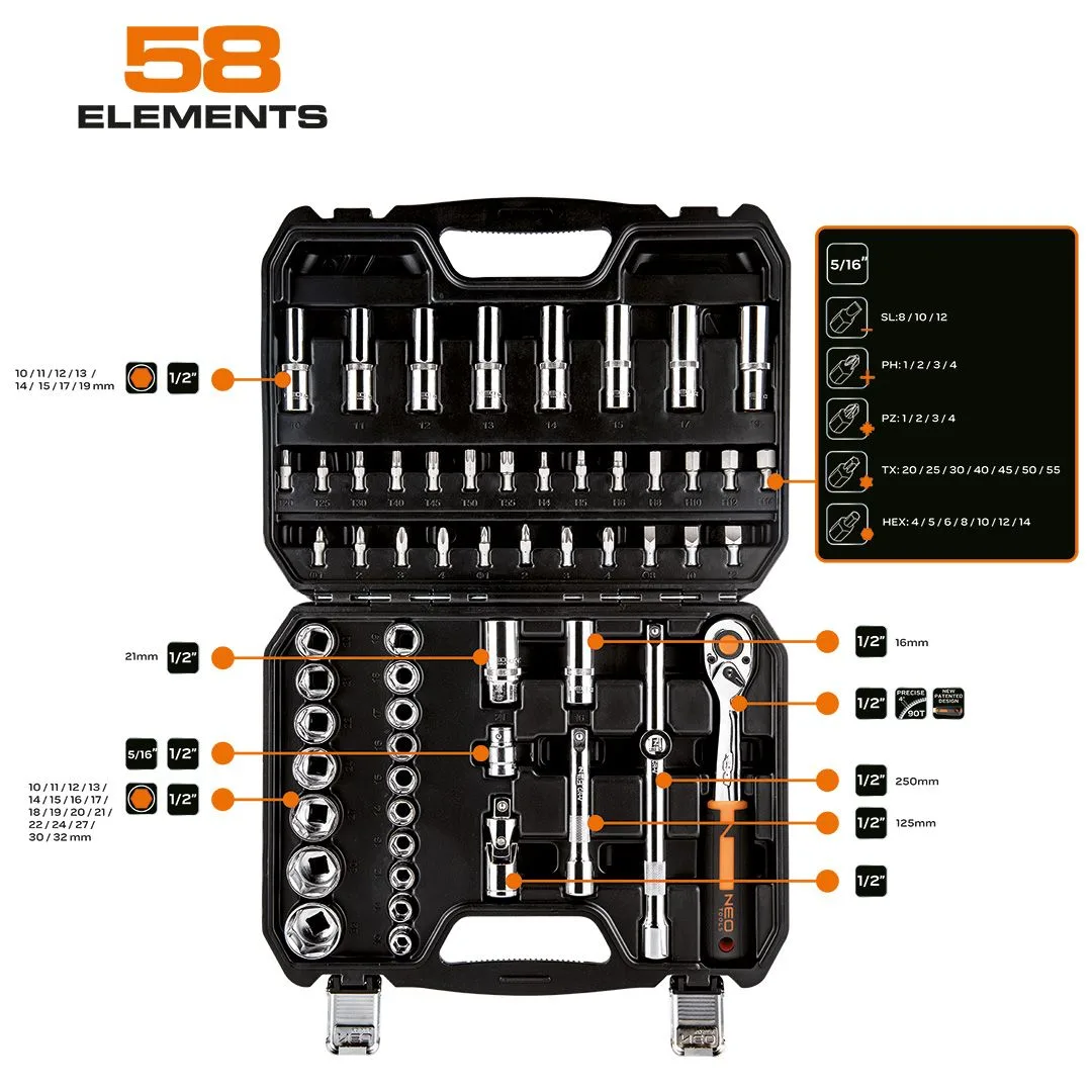 Набір інструментів Neo Tools, набір торцевих головок, 1/2", CrV, кейс, 58шт