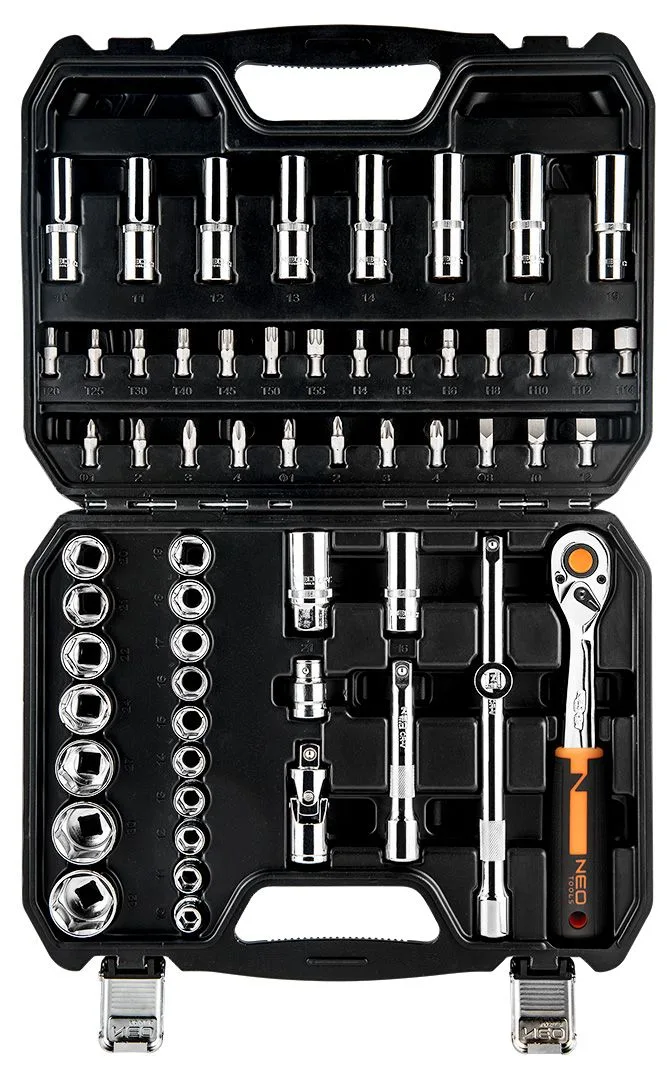 Набір інструментів Neo Tools, набір торцевих головок, 1/2", CrV, кейс, 58шт