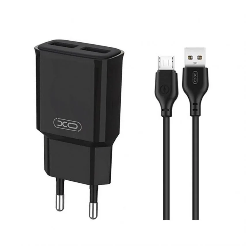 Мережевий зарядний пристрій XO 2в1 адаптер USB 2 порти 2.4A чорний