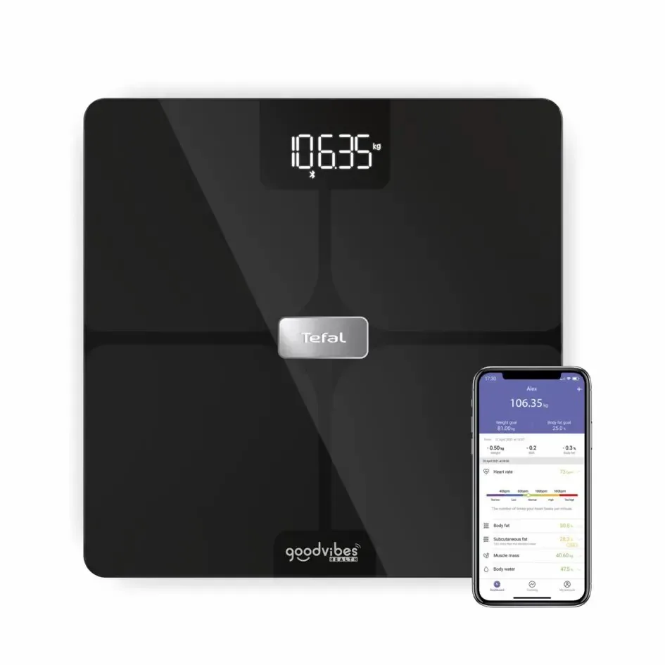 Весы Tefal напольные Body Fat Goodvibes Health, 180 кг, 1 х Li-ion, USB-кабель в комплекте, стеклянные, черные