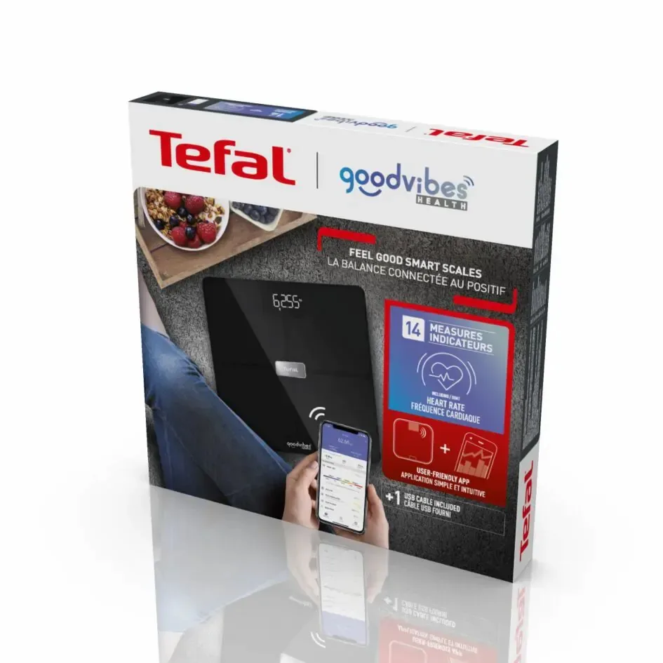 Весы Tefal напольные Body Fat Goodvibes Health, 180 кг, 1 х Li-ion, USB-кабель в комплекте, стеклянные, черные