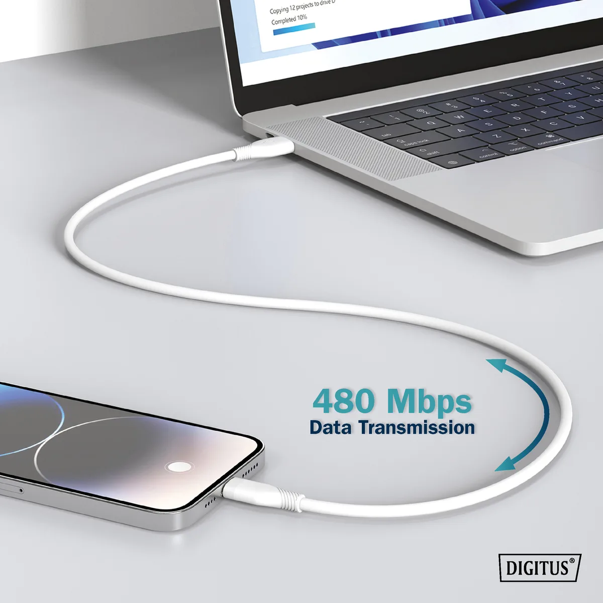 Кабель DIGITUS USB-A > USB-C заряджання/синхронізації, USB 2.0, 60W, силіконовий, 2м, білий