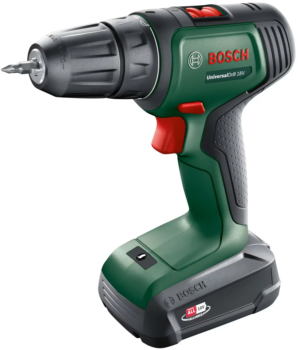 Акумуляторний шуруповерт-дриль Bosch UniversalDrill 18V, 1.5А·год, 20Нм, 0-440/0-1450 об/хв, у кейсі, вага 1.3 кг.