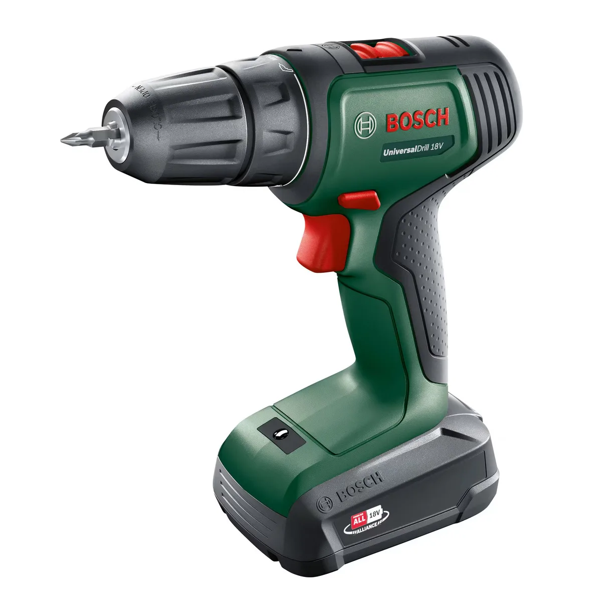 Акумуляторний шуруповерт-дриль Bosch UniversalDrill 18V, 1.5А·год, 20Нм, 0-440/0-1450 об/хв, у кейсі, вага 1.3 кг.