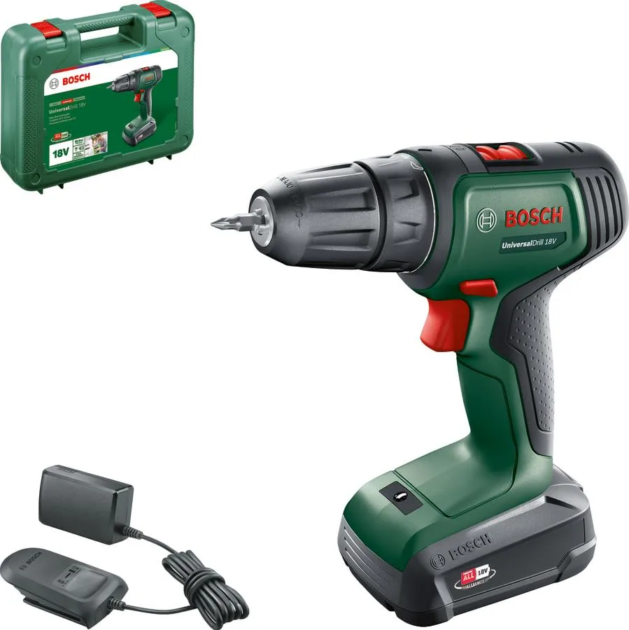 Акумуляторний шуруповерт-дриль Bosch UniversalDrill 18V, 1.5А·год, 20Нм, 0-440/0-1450 об/хв, у кейсі, вага 1.3 кг.