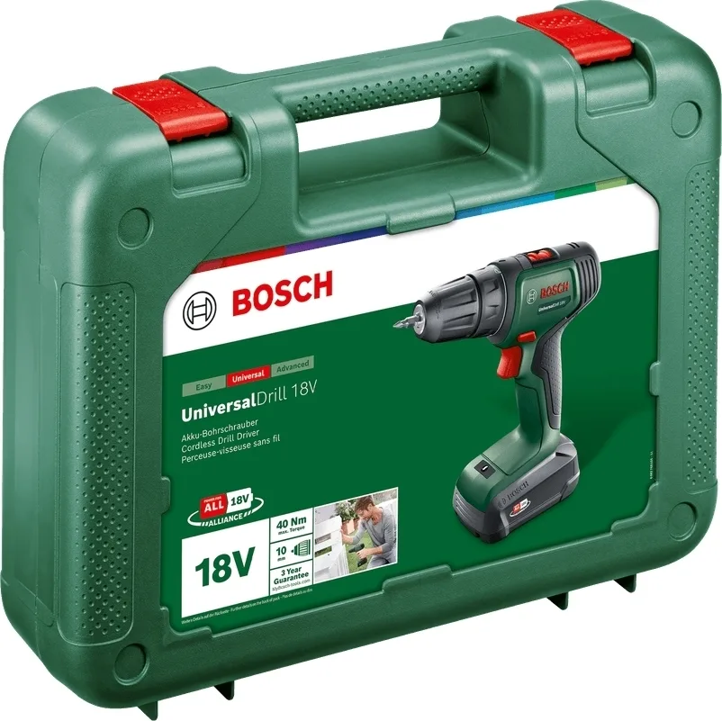 Акумуляторний шуруповерт-дриль Bosch UniversalDrill 18V, 1.5А·год, 20Нм, 0-440/0-1450 об/хв, у кейсі, вага 1.3 кг.