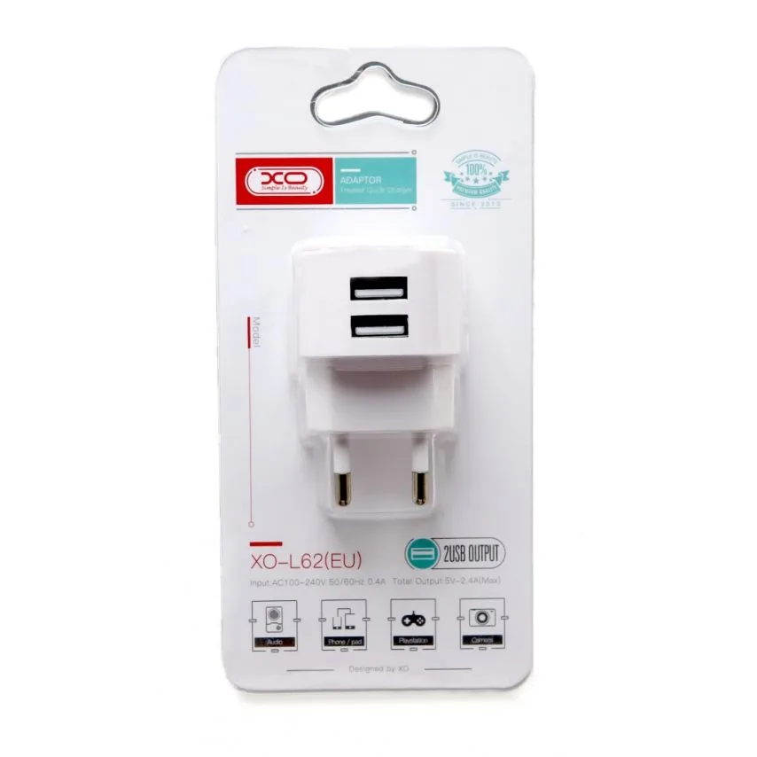 Мережевий зарядний пристрій XO адаптер 2USB 2.4A білий