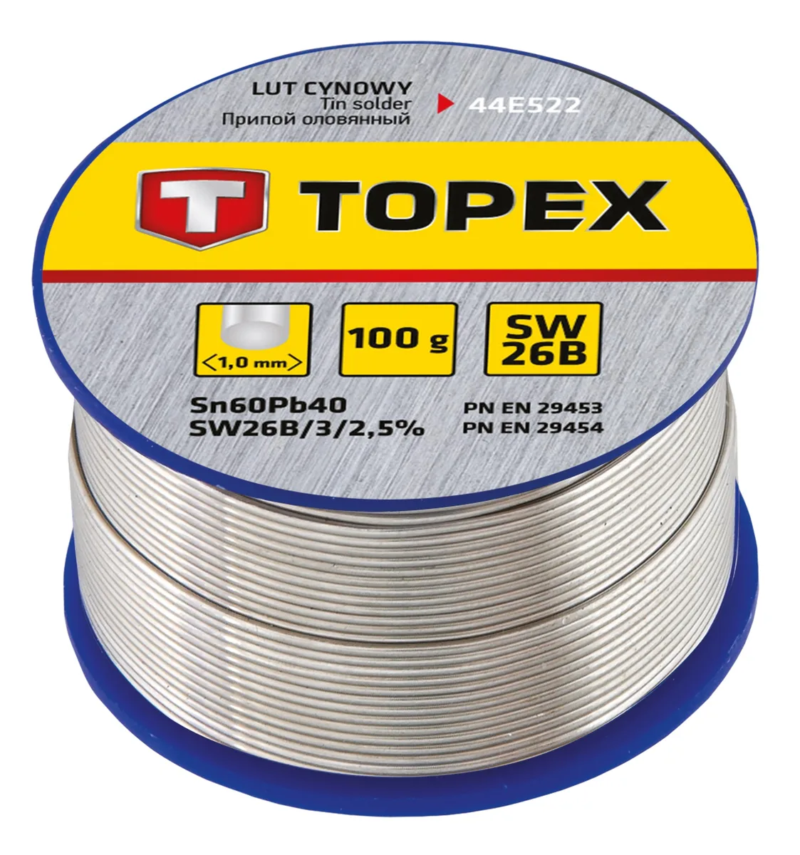 Припій олов'яний TOPEX Sn60Pb40 з флюсом SW26B, дріт 1 мм, 100 г