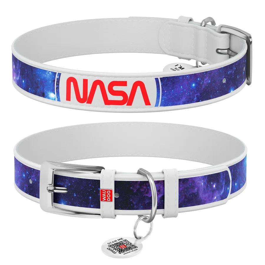 Нашийник WAUDOG шкіряний з QR паспортом NASA21 25 мм 38-49 см білий