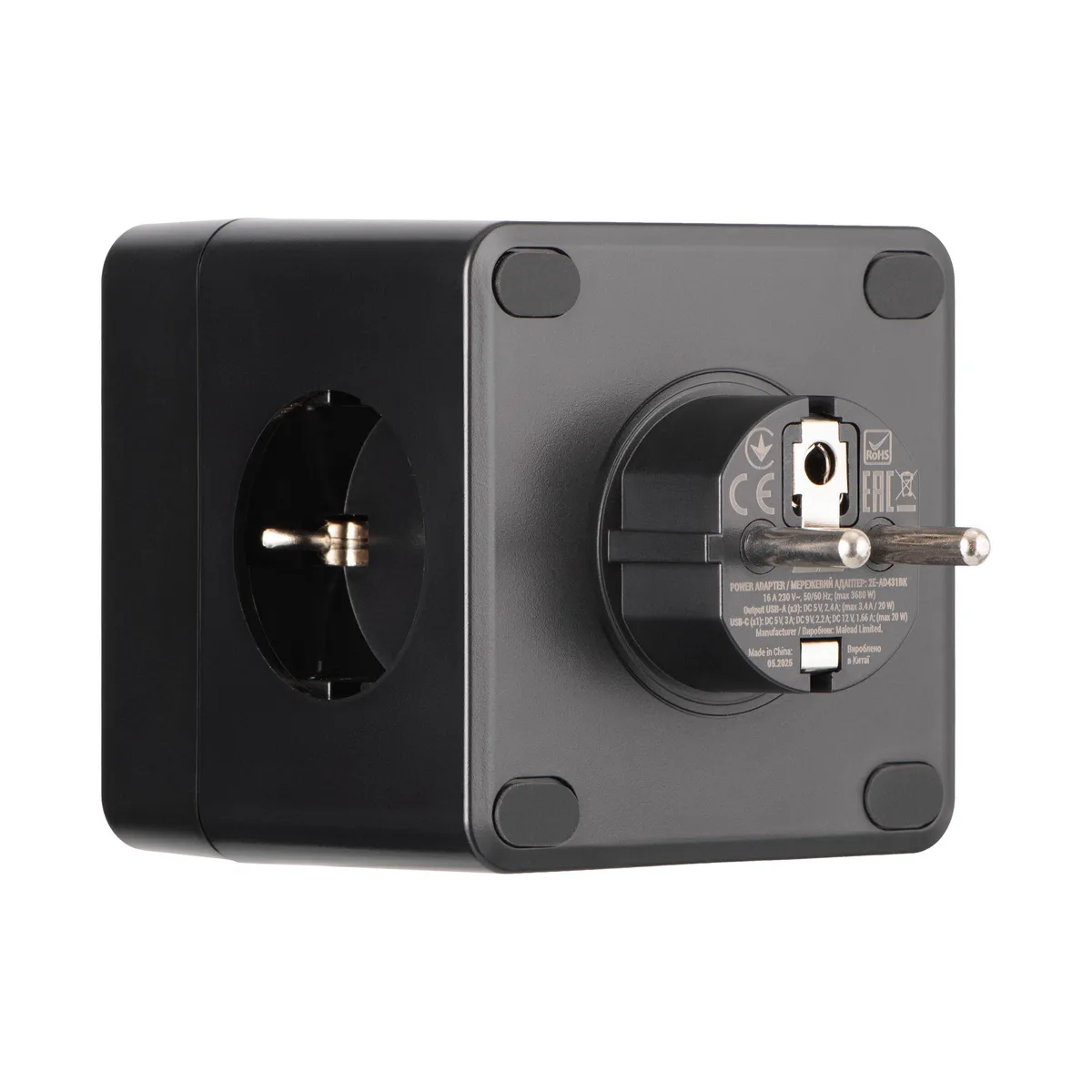 Адаптер мережевий 2E 3xТипF, 16A, 2xUSB-A, 1x USB-C фільтр, чорний