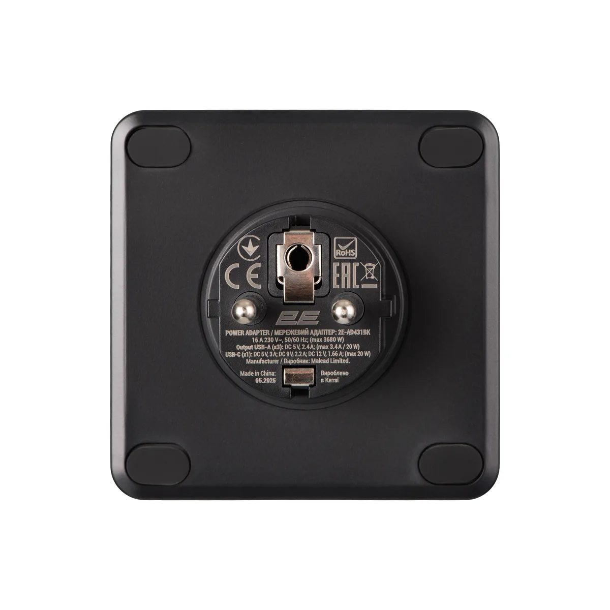 Адаптер мережевий 2E 3xТипF, 16A, 2xUSB-A, 1x USB-C фільтр, чорний