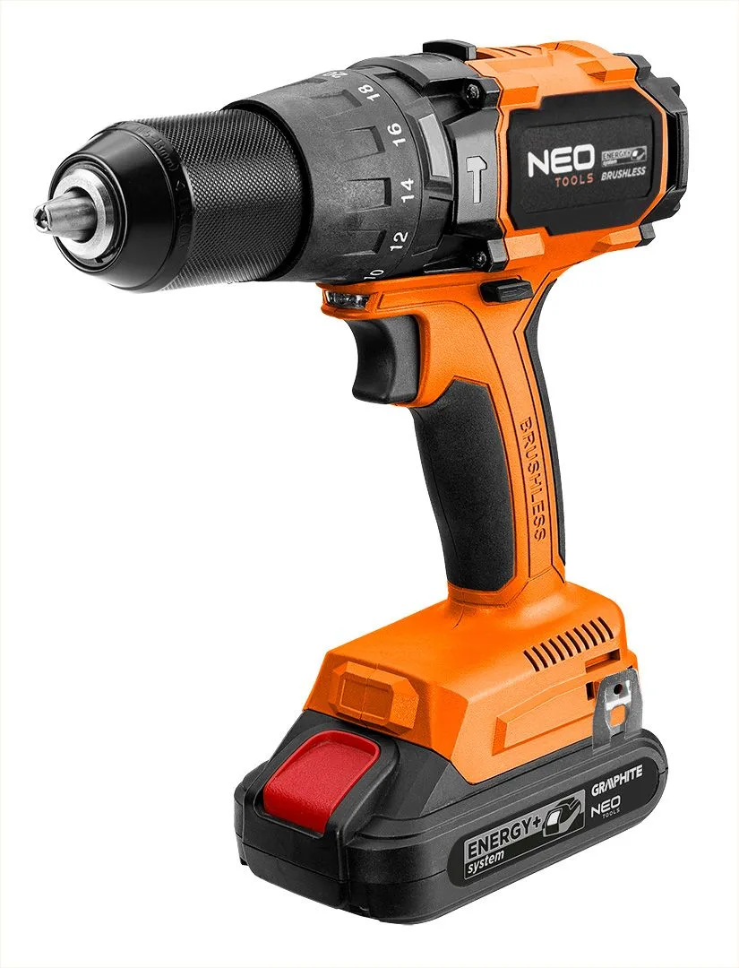 Акумуляторний шуруповерт-дриль Neo Tools Energy+ 18В 100Нм 0-480·0-1900 об/хв 1.56 кг без акумулятора та зарядного пристрою.