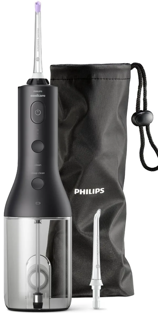 Портативний іригатор Philips Sonicare бездротовий Flosser 3000, ємність 250 мл, з чохлом та 2 насадками, чорний.