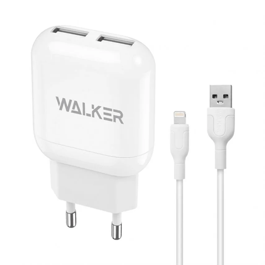 Мережевий зарядний пристрій WALKER пластик 70х43х20 мм Білий 2USB 2,4A