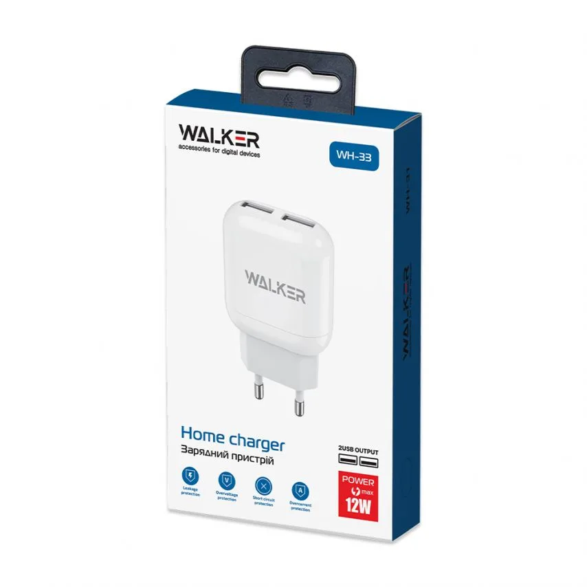 Сетевое зарядное устройство WALKER пластик 70х43х20 мм Белый 2USB 2,4A