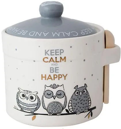 Керамічна банка-медниця Be Happy 420 мл біла з совушками