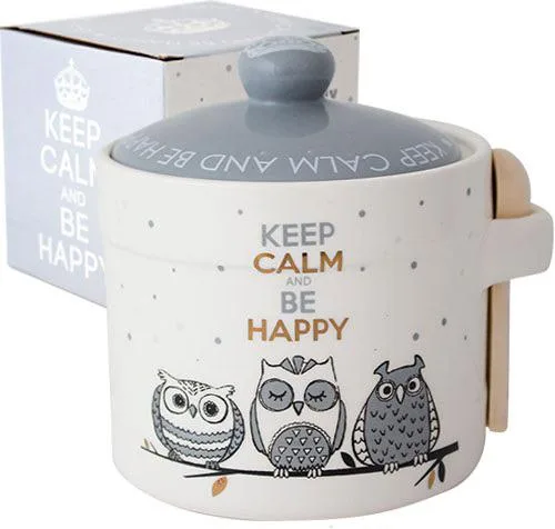 Керамічна банка-медниця Be Happy 420 мл біла з совушками