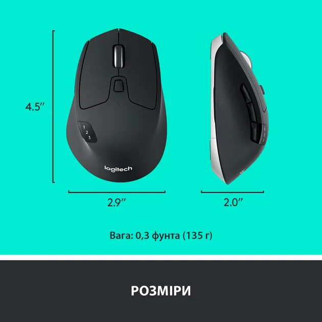 Миша Logitech оптична середня бездротова Bluetooth USB чорна 74х45х115 мм