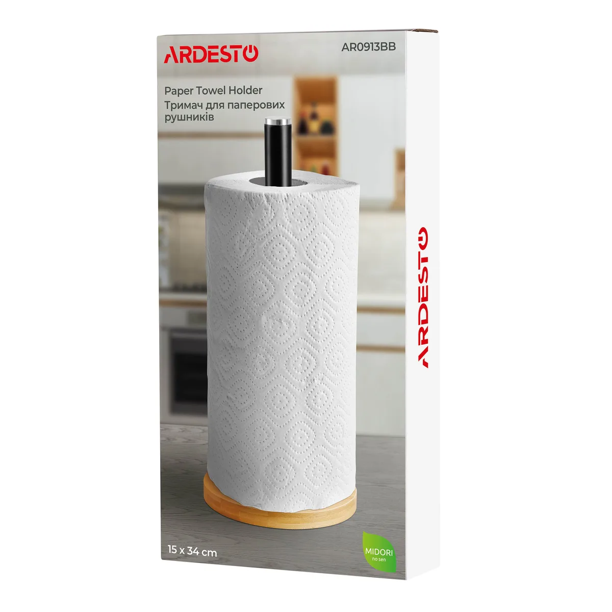 Тримач для паперових рушників ARDESTO Midori 15х34 см, металевий, з бамбуковими елементами, чорного кольору.