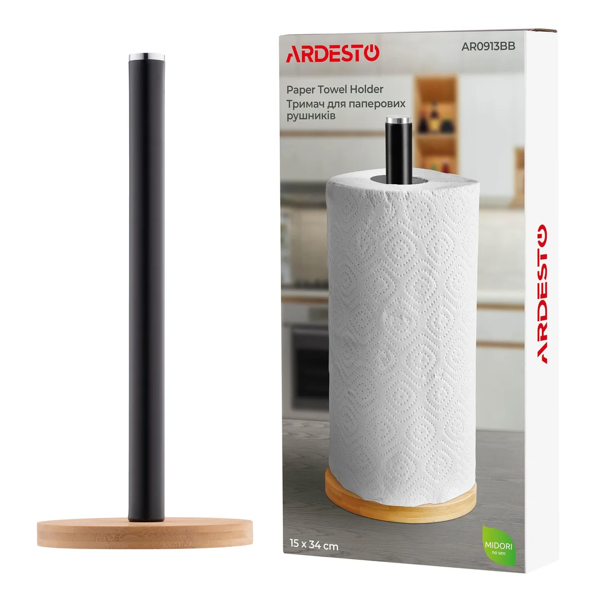 Тримач для паперових рушників ARDESTO Midori 15х34 см, металевий, з бамбуковими елементами, чорного кольору.