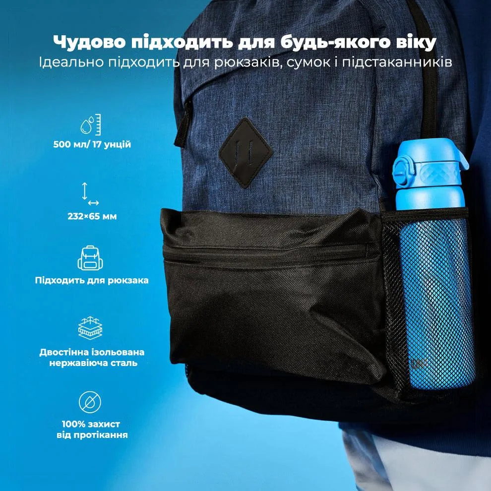 Пляшка для води ION8 нержавіюча сталь 500 мл синя вакуумна ізоляція